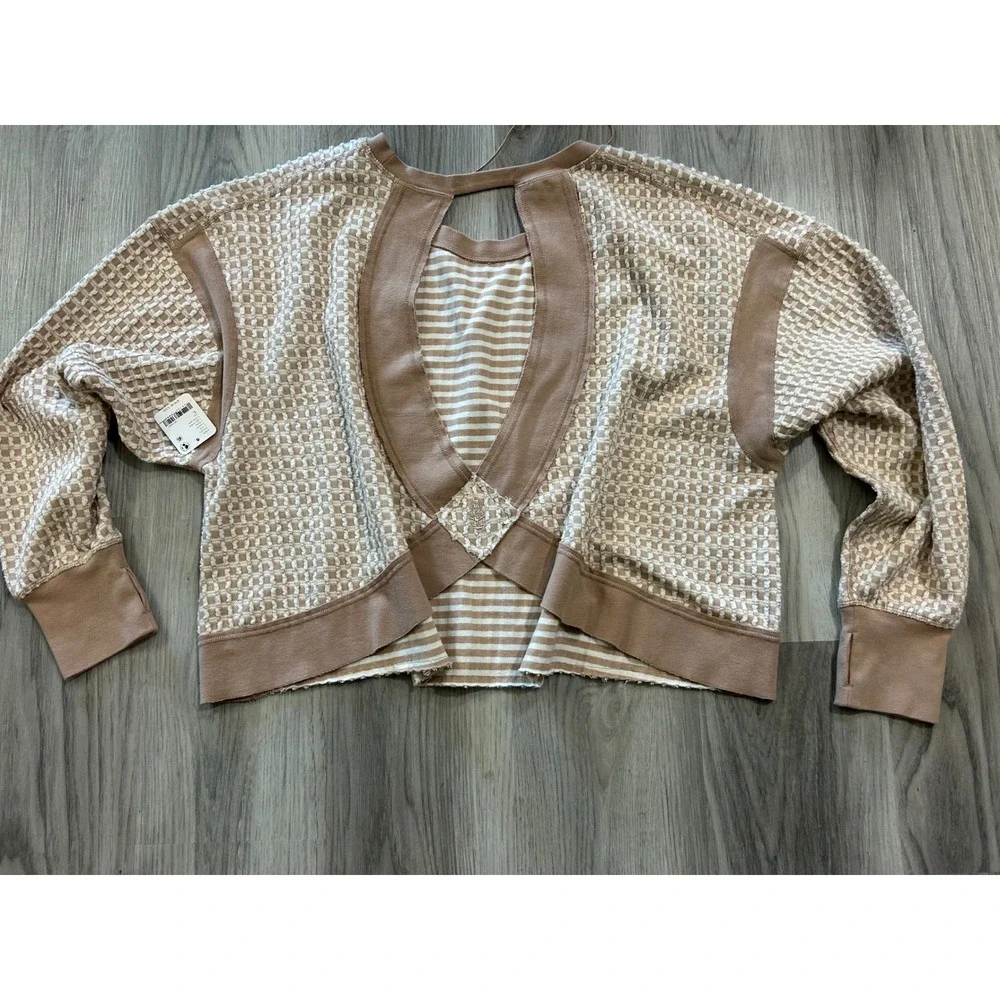 Free People Movement Love Tank Pullover Sandy Tan Waffle Stripe Reversible L NEW